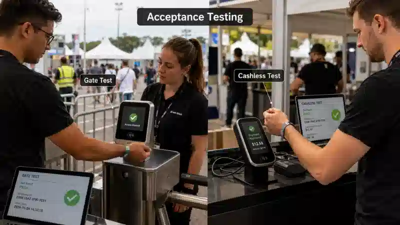RFID fabric wristband acceptance testing at event gate and cashless payment terminal RFID fabric wristband acceptance testing at event gate and cashless payment terminal
